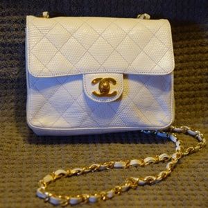 CHANEL White Exotic Lizard Vintage Classic Mini Square Single Flap Crossbody Bag